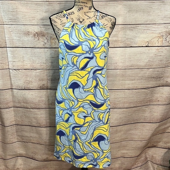 J. McLaughlin Maria Halter Dress Catalina Cloth Size Small Blue Yellow - Picture 1 of 9